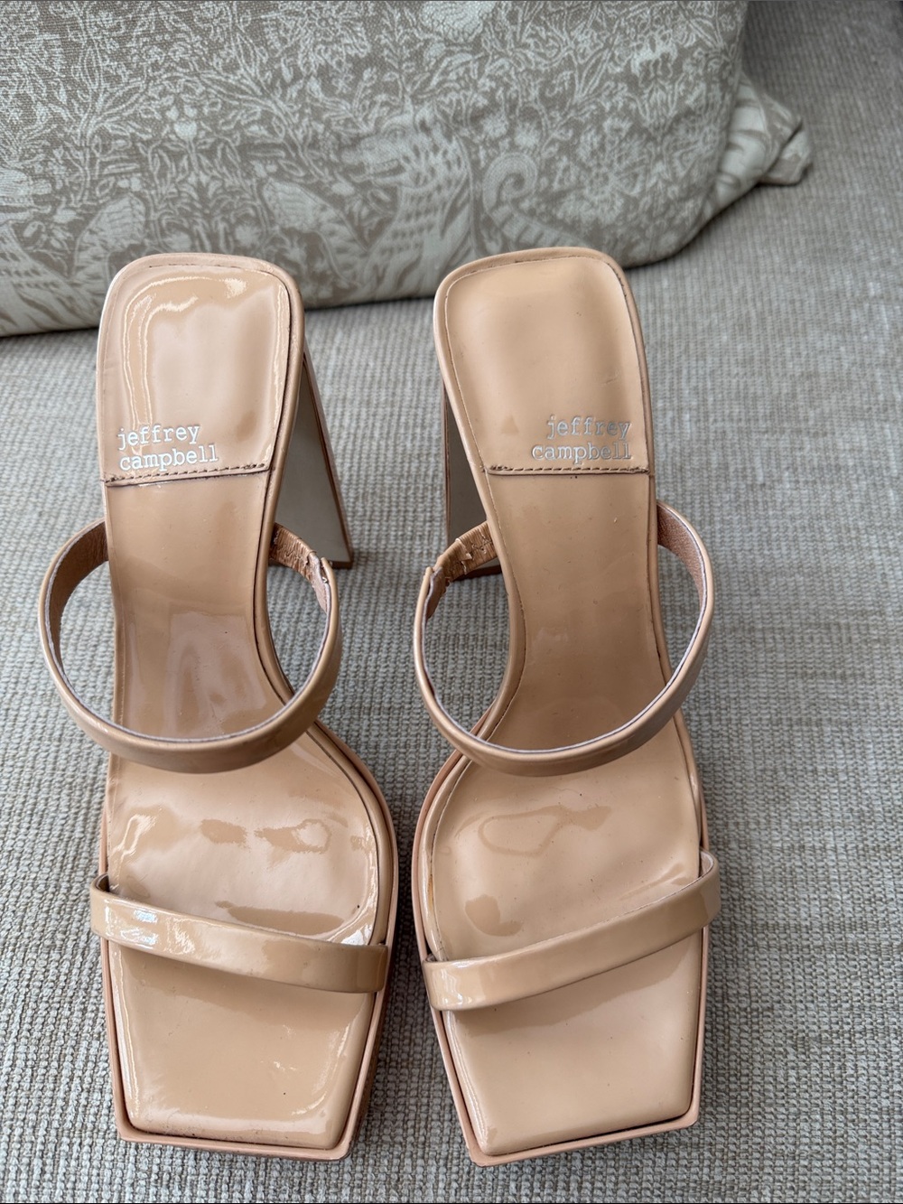 Jeffrey Campbell Nude Patent Square-Toe Strap Heels